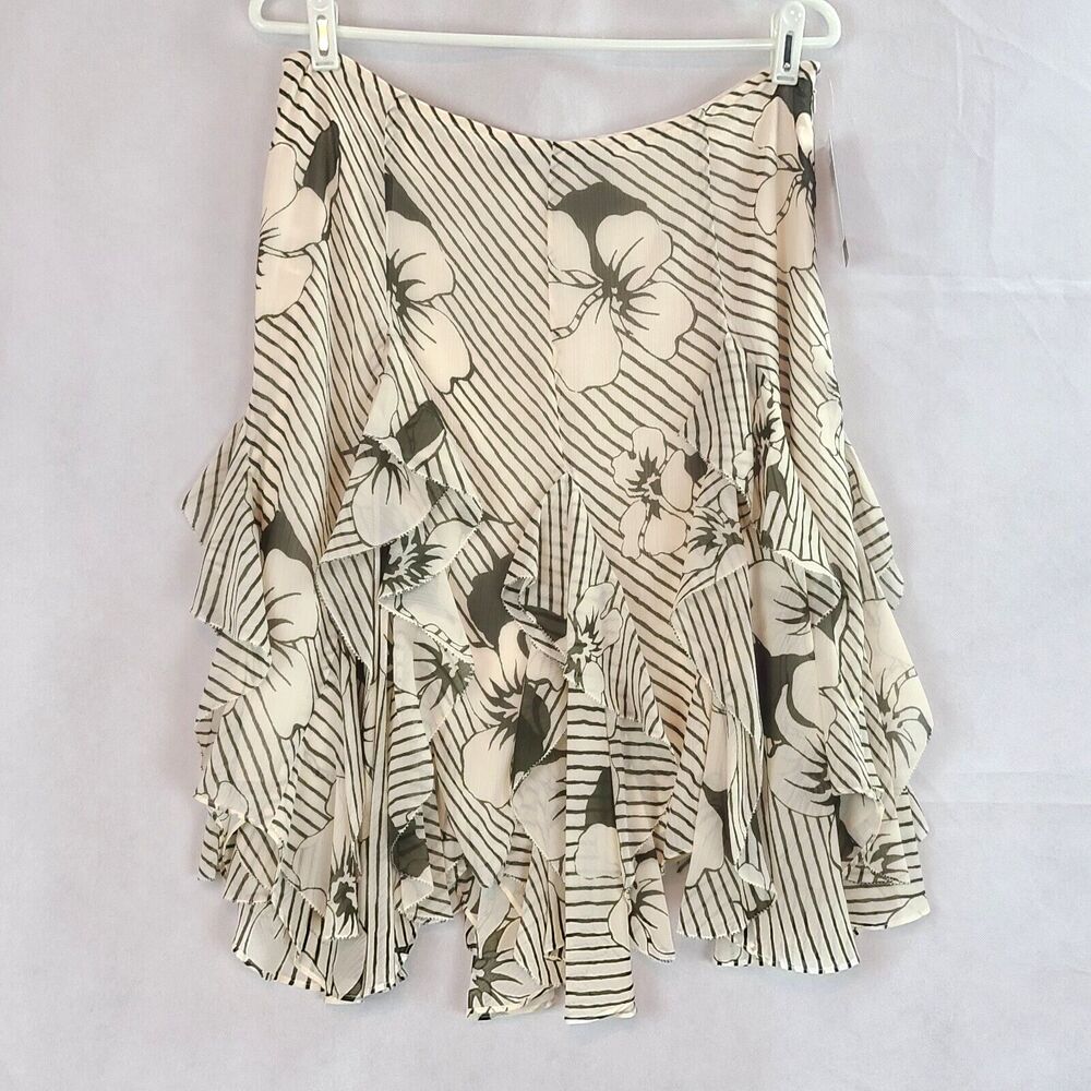 New LAUREN RALPH LAUREN Womens (12) Cream & Black Chiffon Ruffle Midi Skirt $185